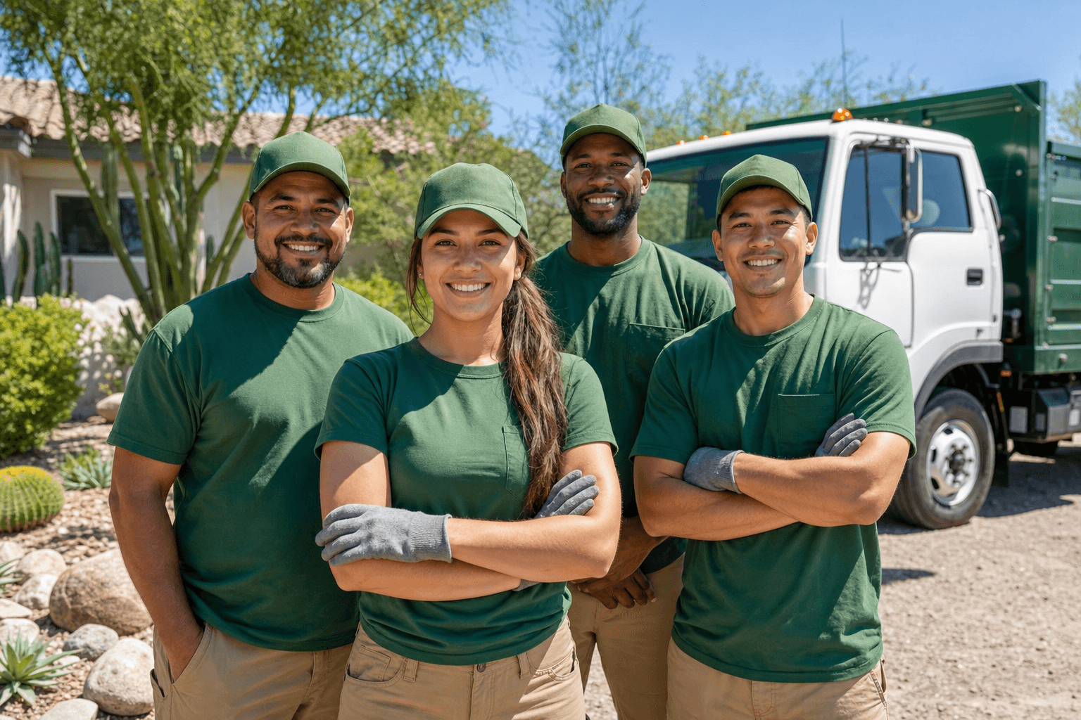 Friendly outdoor service team in green uniforms