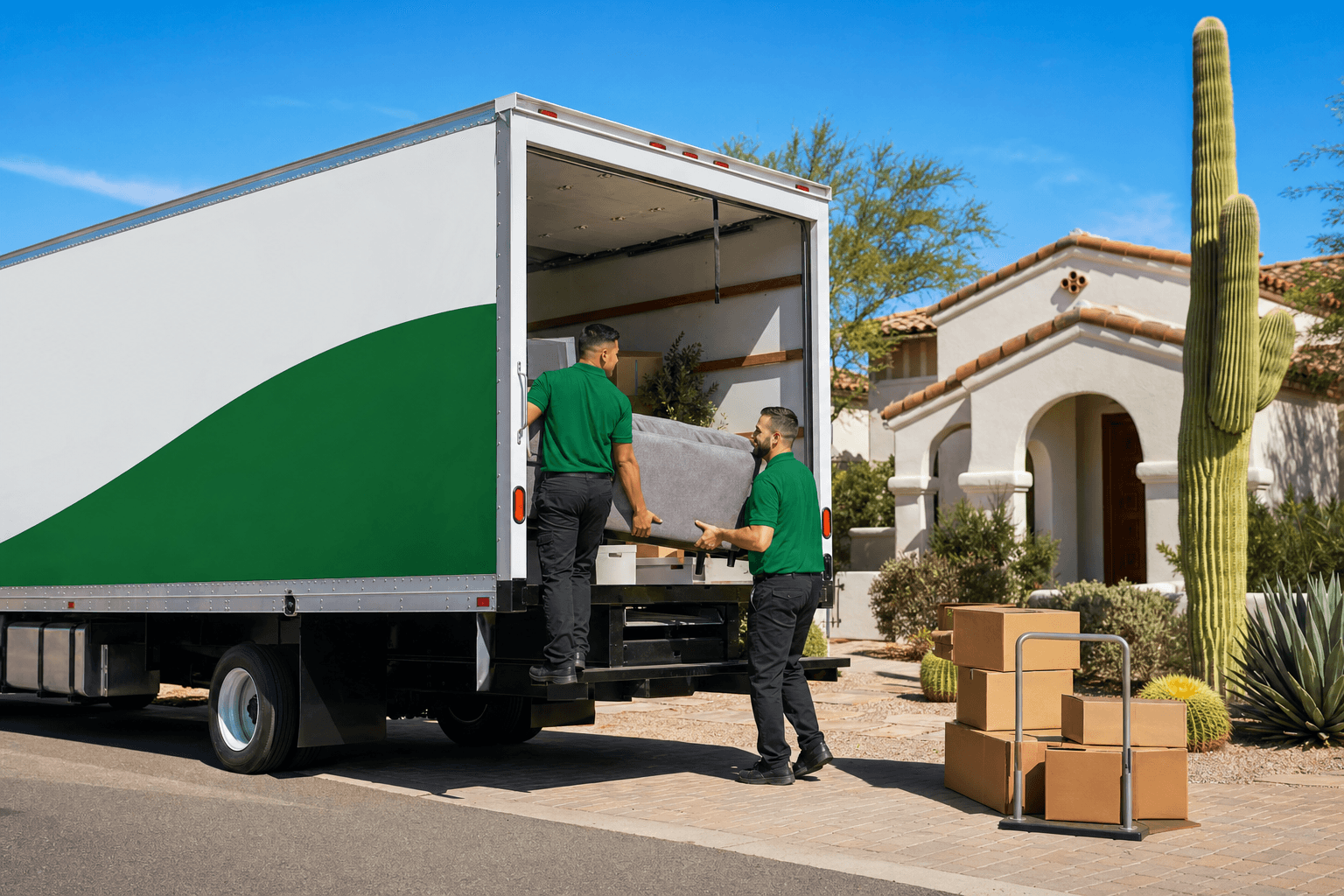 Junk removal team loading a green and white service truck