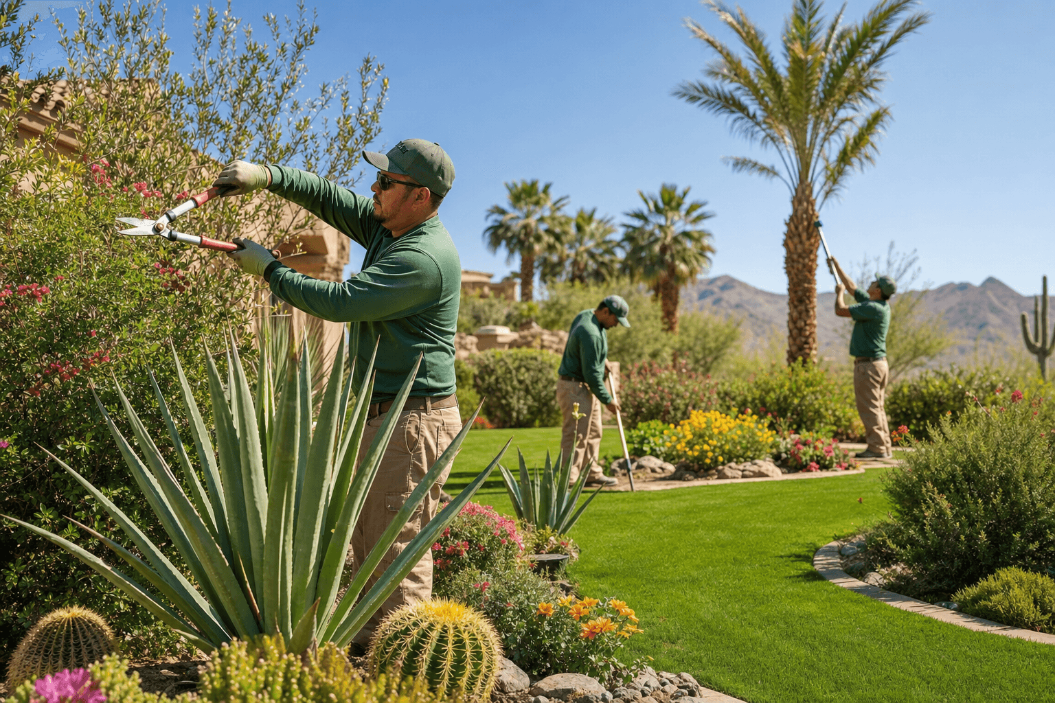 Landscaping crew working in a Tucson desert garden